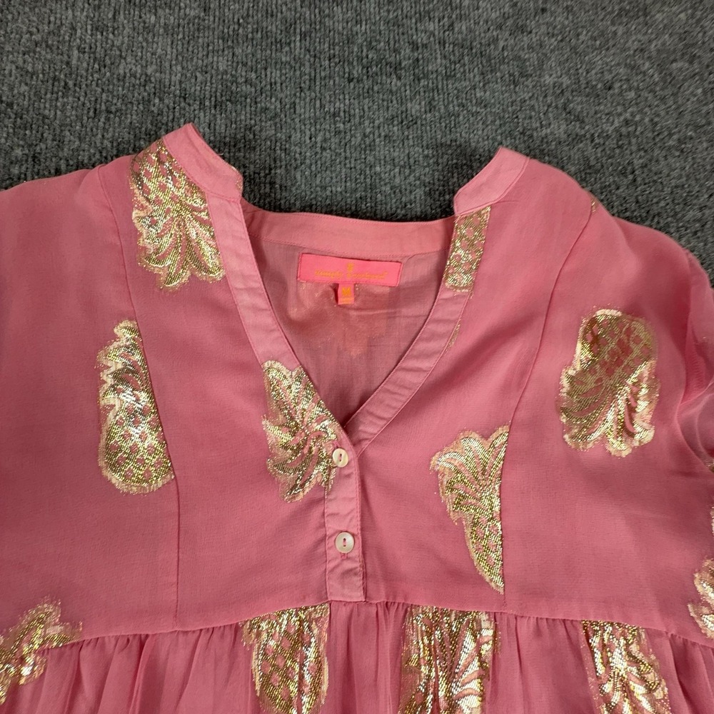 Simply Southern Dress Womens Medium Pink Pineapple Foil 3/4 Bell Sleeve Boho - Picture 4 of 11